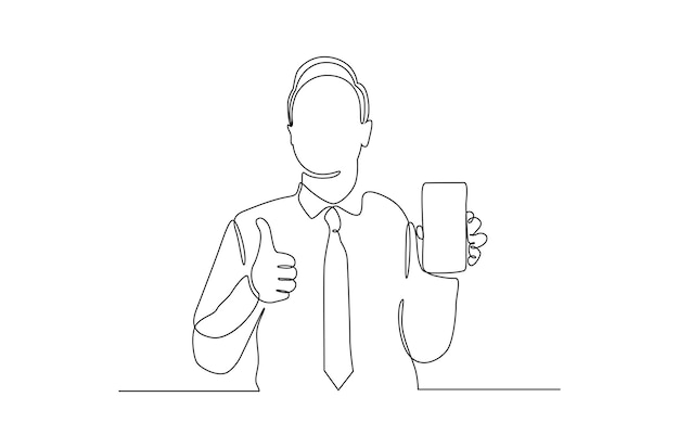Непрерывный рисунок линии человека, показывающего векторную иллюстрацию мобильного телефона premium векторы