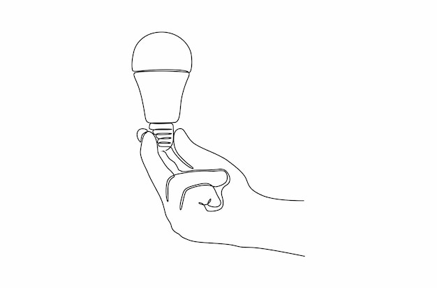 램프 전구 벡터 일러스트 레이 션을 들고 손의 연속 선 그리기 프리미엄 벡터