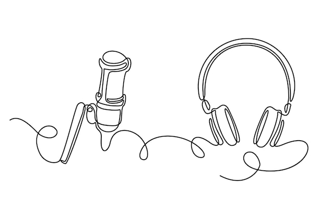 Вектор Непрерывное рисование линий микрофона и наушников. музыкальный гаджет, микрофон и наушники.