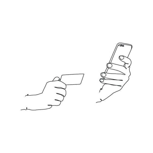Непрерывный рисунок линии человека, держащего смартфон за руку, держащего смартфон