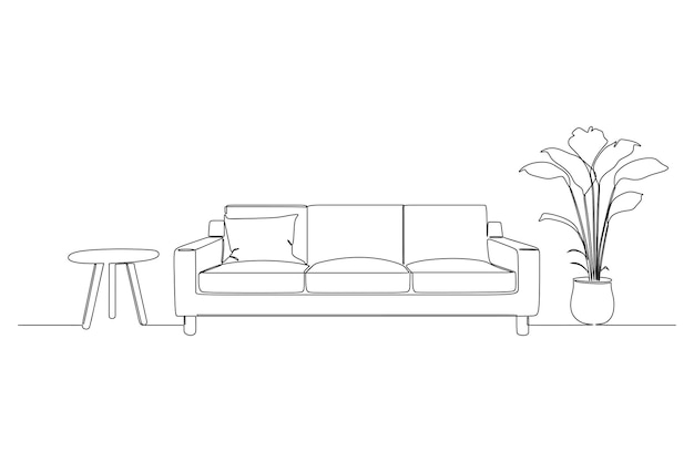 鉢植えの植物とテーブルとソファの連続線画