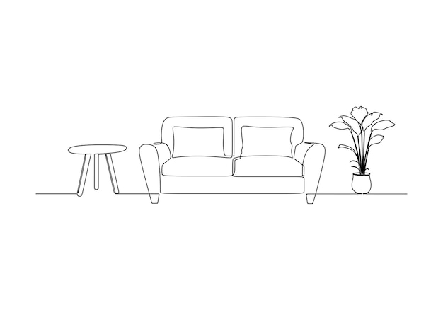 Непрерывный рисунок стола и дивана с растениями в горшках