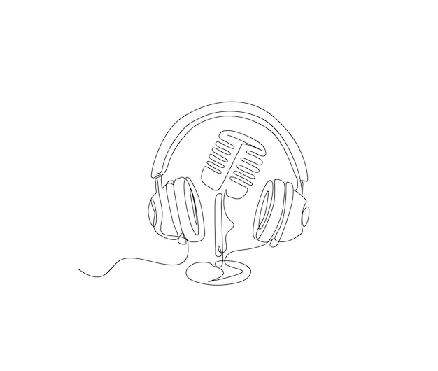 Вектор Непрерывный рисунок линии винтажного микрофона и наушникового микрофона простой линейный искусство с активным