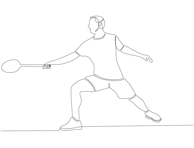 프리미엄 배드민턴 벡터를 하는 젊은 남자의 연속 선 그리기