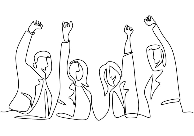 Непрерывный рисунок линии офисного работника поднимает руки вверх и прыгает от счастья