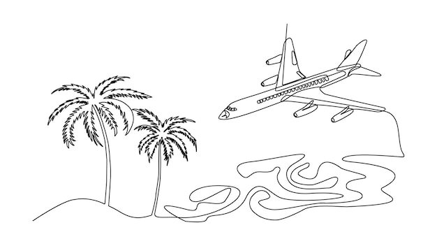 Continuous line drawing of a passing plane with two palm tree and ocean waves vector illustration