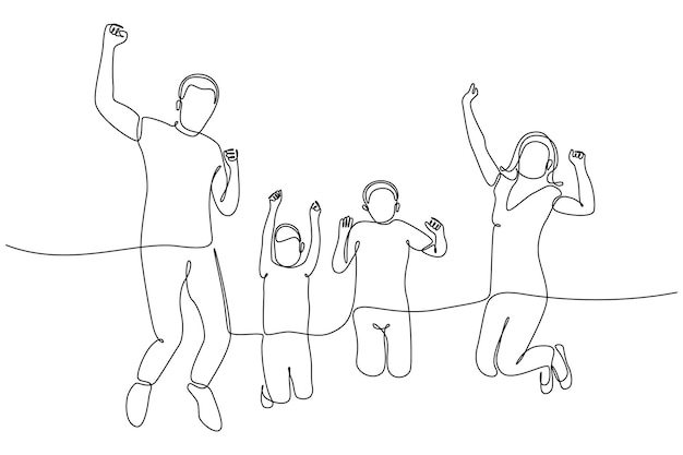 Continuous line drawing portrait of a happy family celebrating by jumping together vector illust