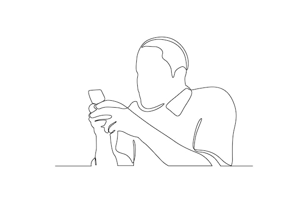 Непрерывный рисунок линии человека с помощью мобильного телефона векторная иллюстрация Premium векторы