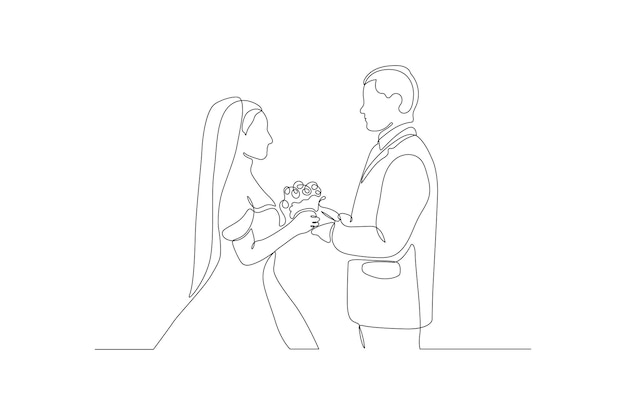 Continuous Line Drawing of Romantic Couple in Weeding Dress Vector