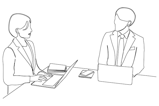 continuous line drawing of professional young businesspeople working with laptop