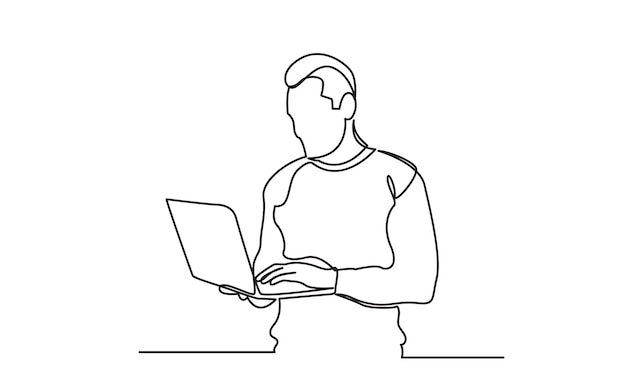 continuous line drawing of a professional young man using a laptop computer