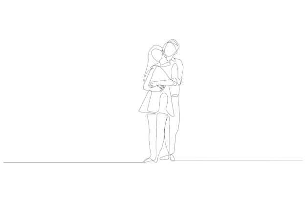 Vector continuous line drawing of romantic couple on hug vector illustration premium vector