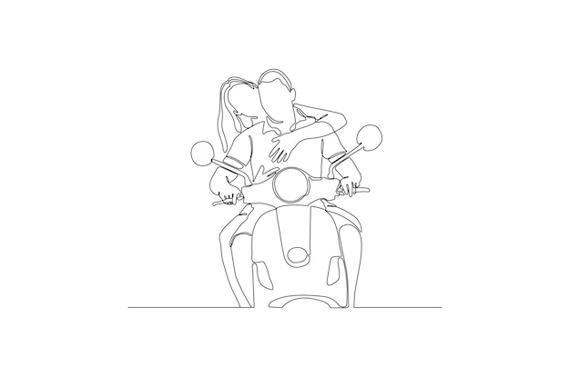 Continuous line drawing of a romantic couple man and woman are ride together vector illustration