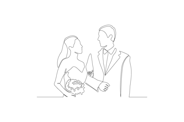 Continuous line drawing of a romantic pose of wedding couple vector illustration Premium vector