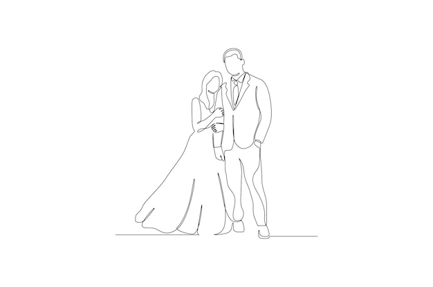 Continuous line drawing of a romantic wedding couple vector illustration premium vector