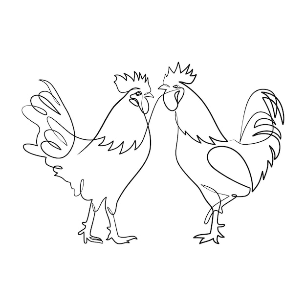 Vector continuous line drawing of rooster chicken animal farm