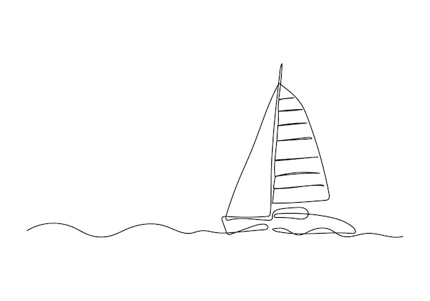 Disegno a tratteggio continuo di una barca a vela in mare minimalismo art