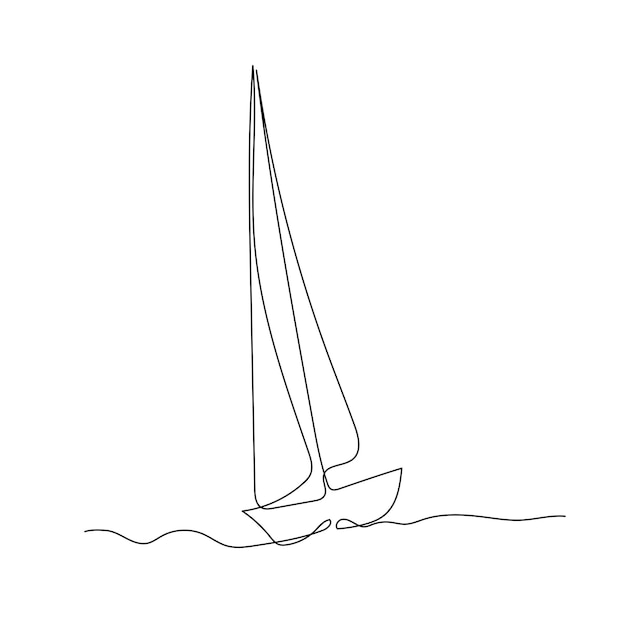 Disegno a tratteggio continuo di una barca a vela in mare minimalismo art