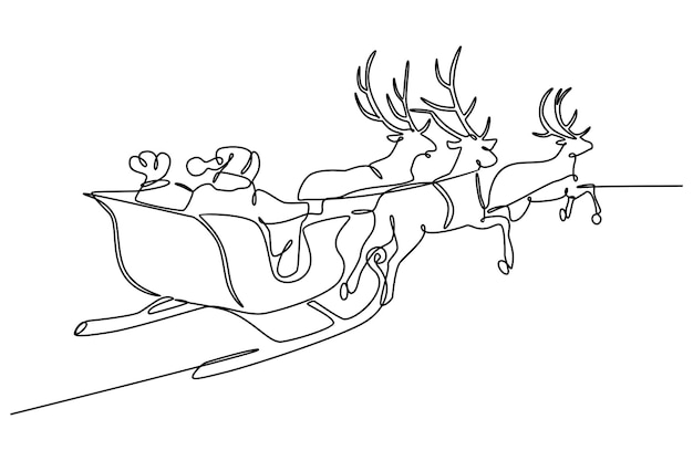 Vettore disegno a tratteggio continuo babbo natale seduto su una slitta con illustrazione vettoriale di renne