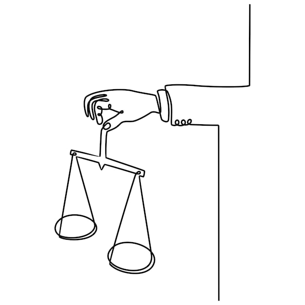 Continuous line drawing of the scales of justice in the hands of a judge