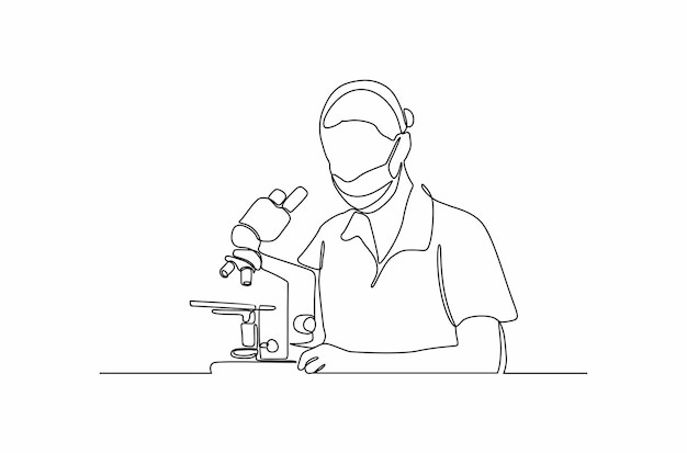 Continuous line drawing of scientist working with mask and microscope vector illustration Premium