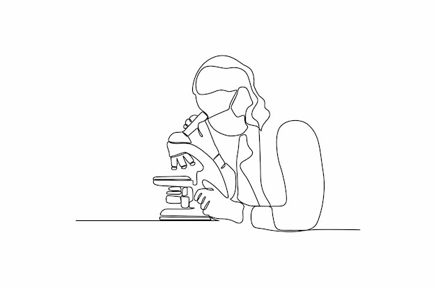 Continuous line drawing of scientist working with mask and microscope vector illustration premium