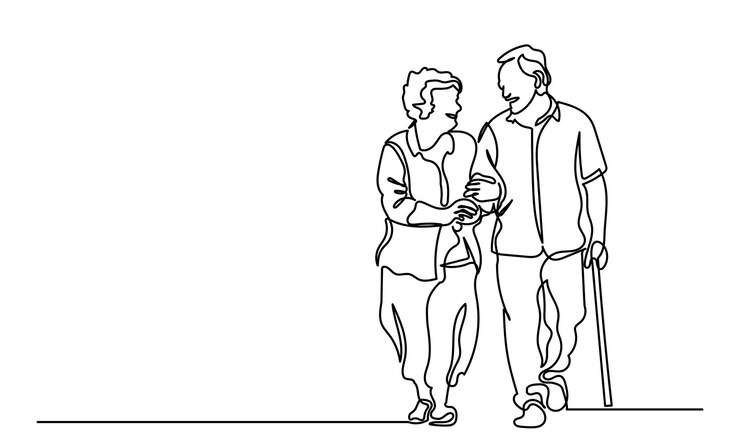 Continuous line drawing of senior couple walking with a cane singleline art of an Elderly couples