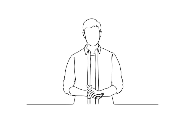 Vector continuous line drawing of serious handsome man portrait putting hands together