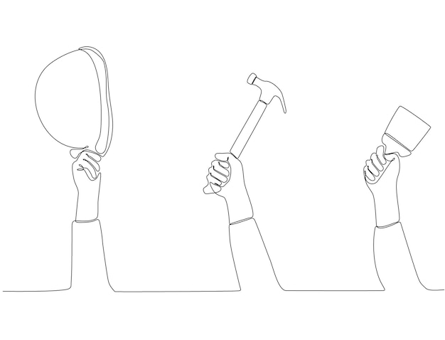 непрерывный рисунок линии Набор мужских рук, держащих вектор строительного оборудования премиум-класса