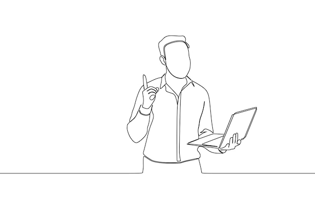 continuous line drawing of smart brunette man working in office using silver laptop gesturing with f