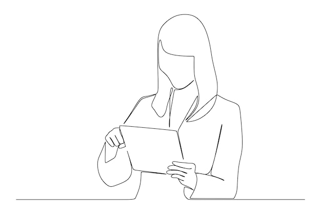 непрерывный рисунок улыбающейся деловой женщины с планшетом