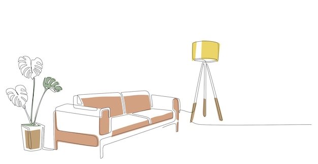 continuous line drawing of sofa lamp and plant with abstract color shapes one line interior living room with modern furniture single line element hand draw contour of indoor doodle illustration