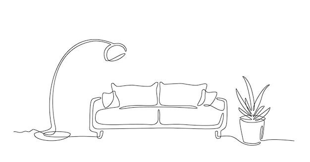 Continuous line drawing of sofa plant lamp one line of interior modern furniture single line doodle