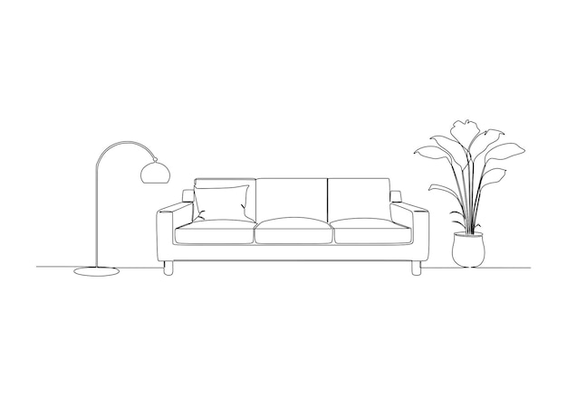 Continuous line drawing of sofa with table and flower vase