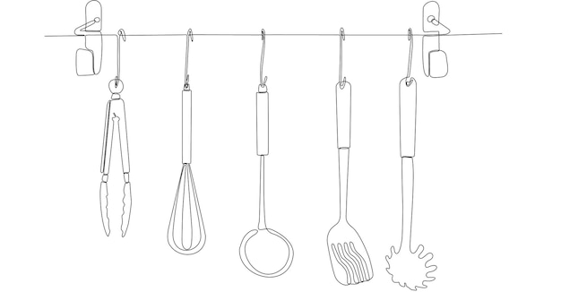 continuous line drawing spatula, pan kitchen logo symbol