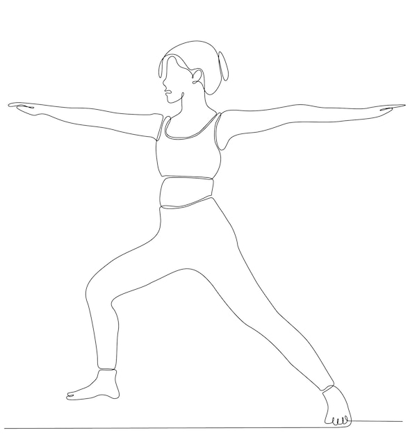 Непрерывное рисование линий. спортивная женщина занимается йогой на белом фоне. векторная иллюстрация