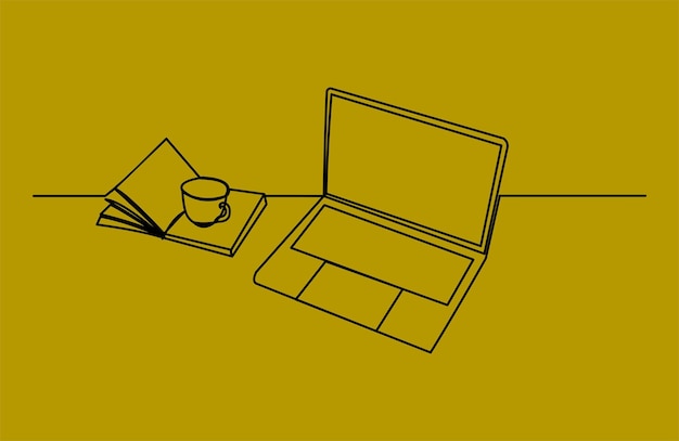 Continuous line drawing of stack of book computer laptop and a cup of coffee vector illustration