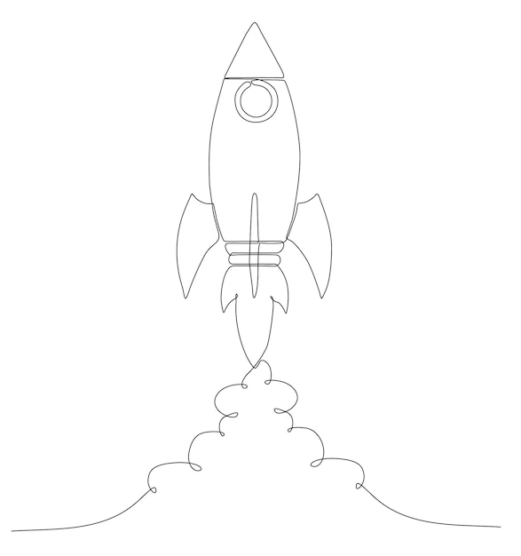 連続線画。ロケット アイコンを開始します。ベクトル イラスト。