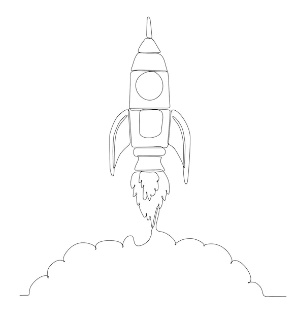 連続線画。ロケット アイコンを開始します。ベクトル イラスト。