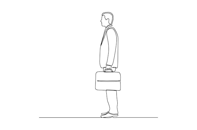 Disegno a tratteggio continuo di un uomo alla moda con l'illustrazione di vettore della valigia vettore premium