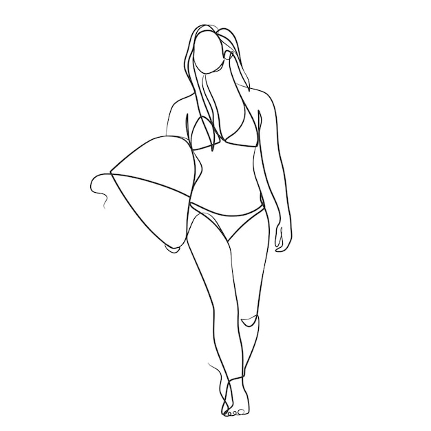 Vector continuous line drawing of a surfer girl with a surfboard one line drawing of a surfer girl