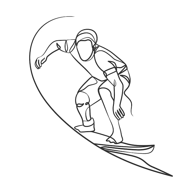 Disegno a tratteggio continuo di un surfista con una tavola da surf un surfista di disegno a tratteggio con una tavola da surf