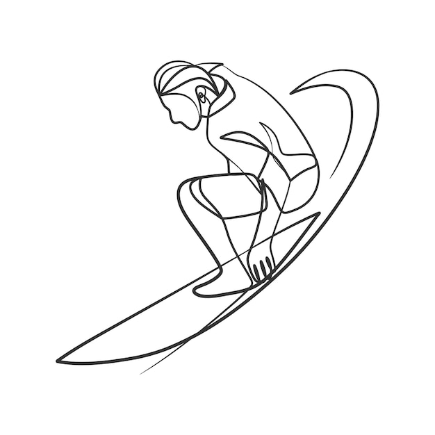 Continuous line drawing of a surfer with a surfboard One line drawing surfer with a surfboard