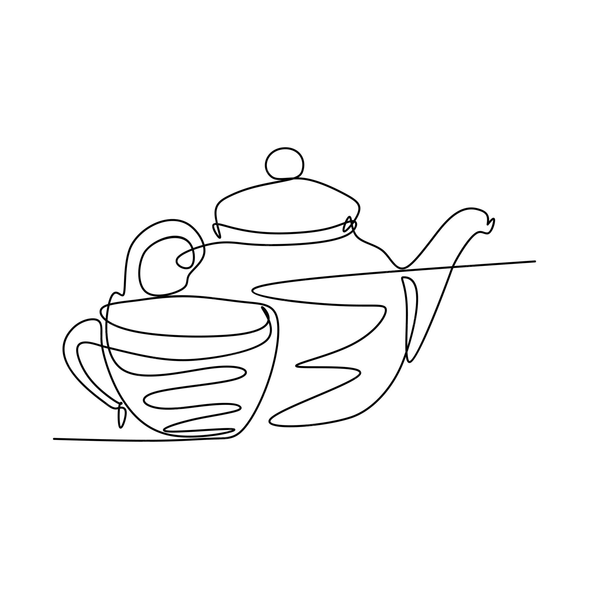 Premium Vector | Continuous Line Drawing Of Tea Pot And Tea Cup