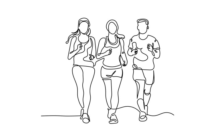 Continuous line drawing of three young adult men and women running jogging Line art Mature friends