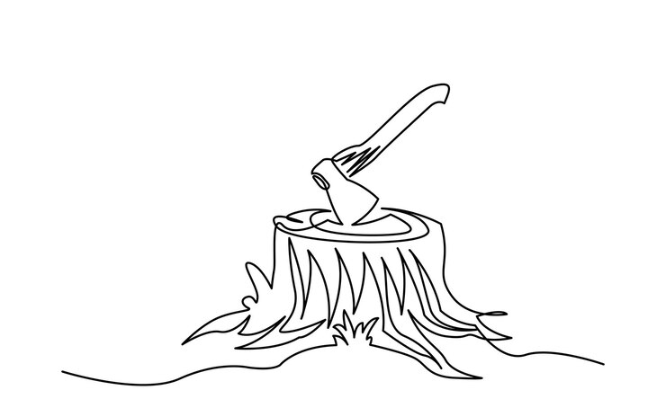 Vector continuous line drawing of tree stump with axe axe is stuck at the stump