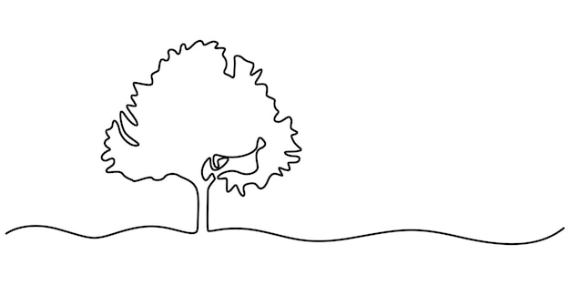 白い背景の木の連続線画 ベクトルイラスト 樹木の植物の草稿