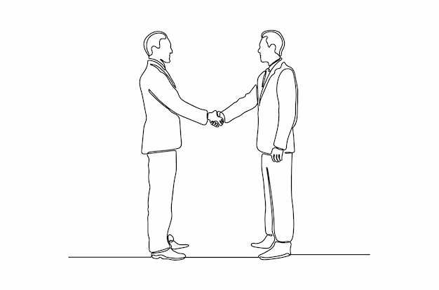 Continuous line drawing of two business people shaking hands for their successful cooperation vector