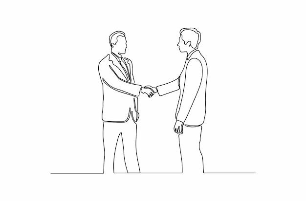 Continuous line drawing of two business people shaking hands for their successful cooperation vector