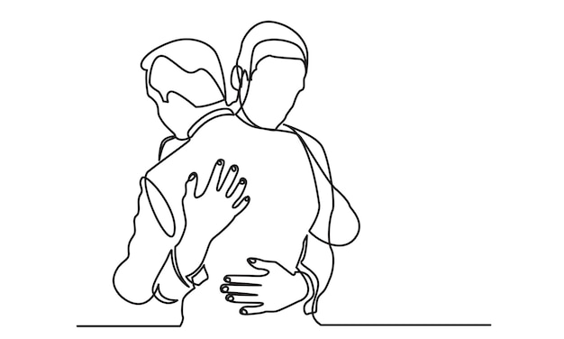 Continuous line drawing of two close friends hugging each other